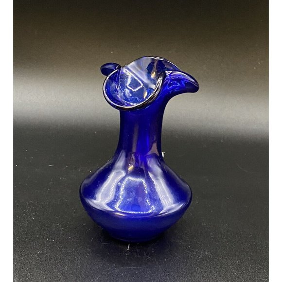 Vintage Blue Cobalt Clear Applied Handle Vase 5” Pitcher Hand Blown - Picture 3 of 8